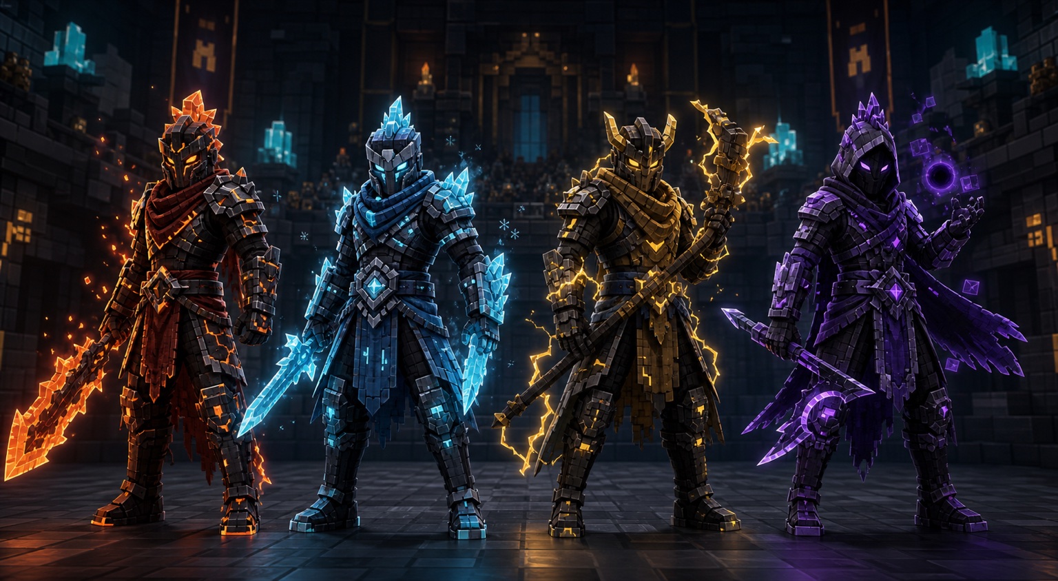 Four original QuakeCraft elemental arena champions